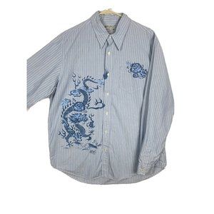 Lucky Brand Shirt Mens X-Large Button Front Blue Striped Dragon Long Sleeve